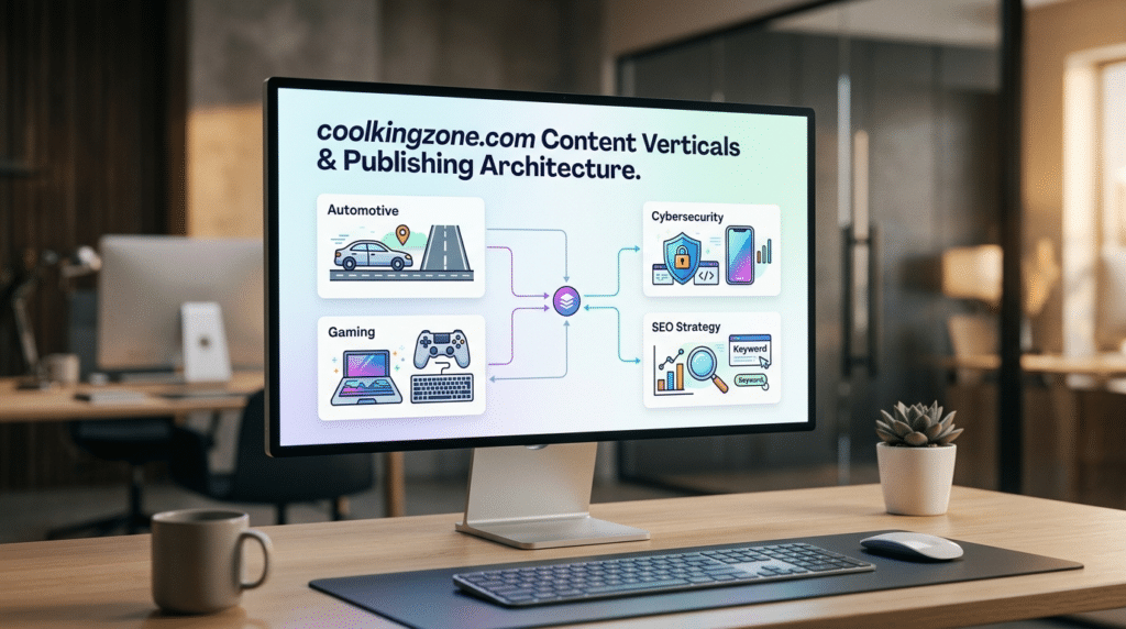 Digital workstation displaying website navigation wireframes and categorical content structures for multi-topic publishing platforms.