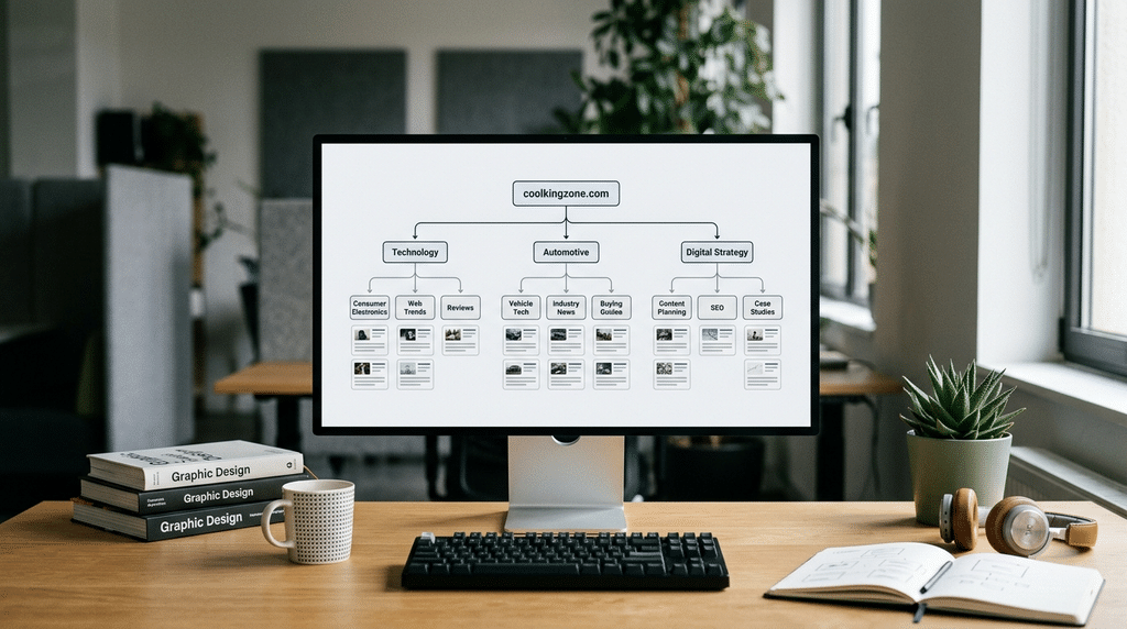 Digital workstation displaying website navigation wireframes and categorical content structures for multi-topic publishing platforms.