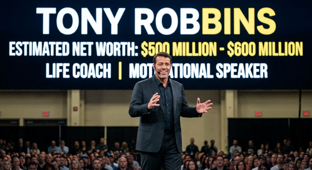 Tony Robbins Net Worth 2026: Wealth, Business Ventures, and Empire Breakdown Tony Robbins delivering a presentation on a stage at a large live seminar event.